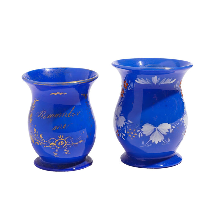 Pair of English miniature blue opaline blown glass mugs (c. 1830)