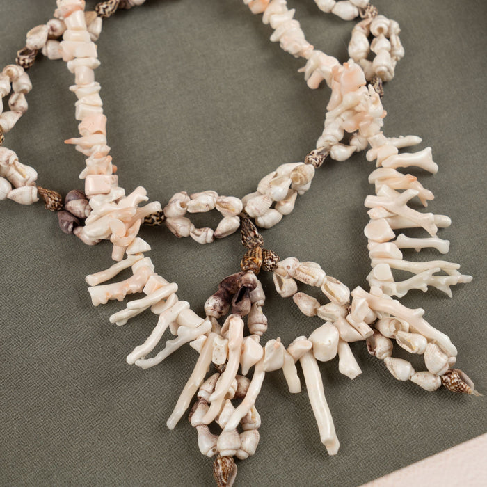 Shell and white branch coral necklaces mounted in a custom shadowbox