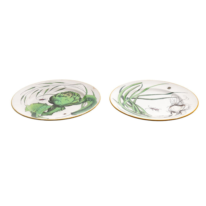 Pair of French glazed faience plates with scallions and artichokes (c. 1850's)