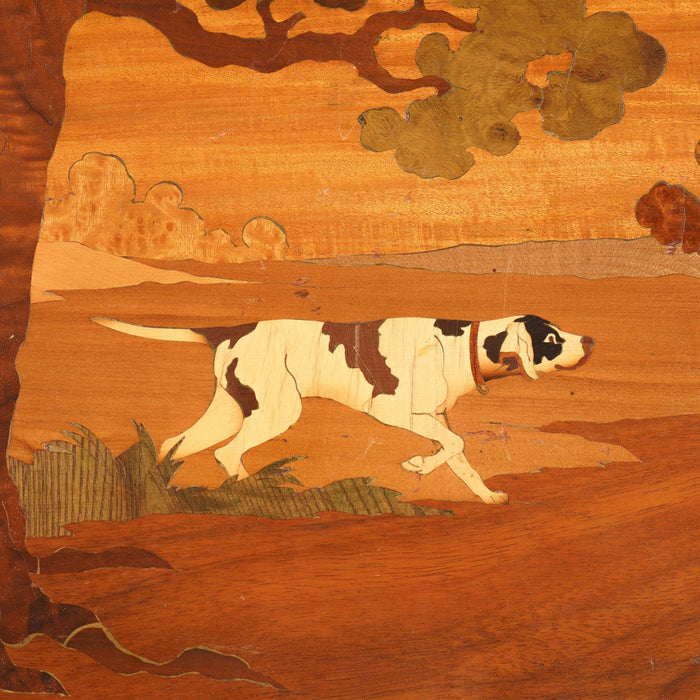 Wood marquetry panel of a landscape with hunting dog, c. 1935