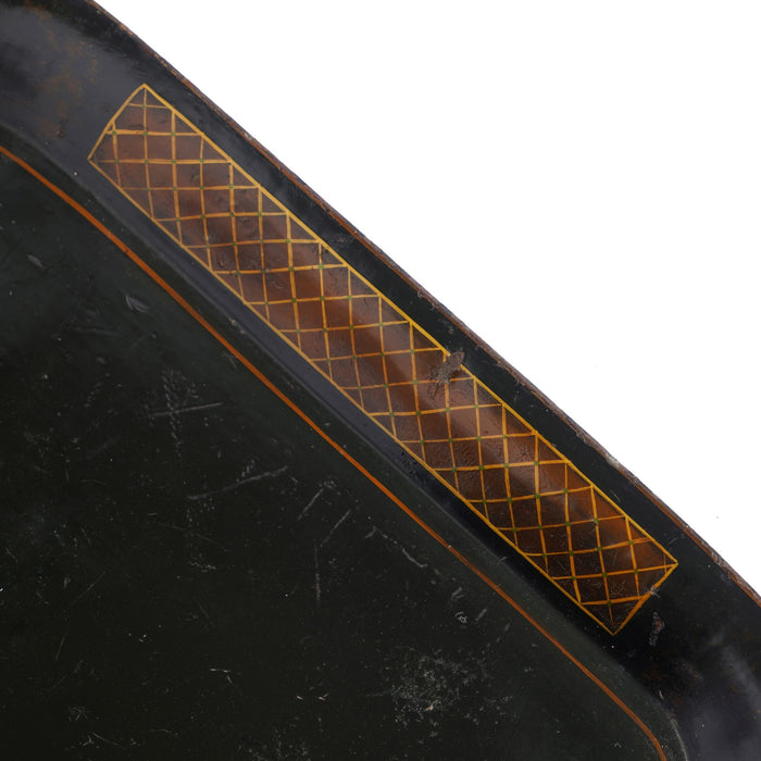 English tole tray with diapered panels on the rolled rim (c. 1840)