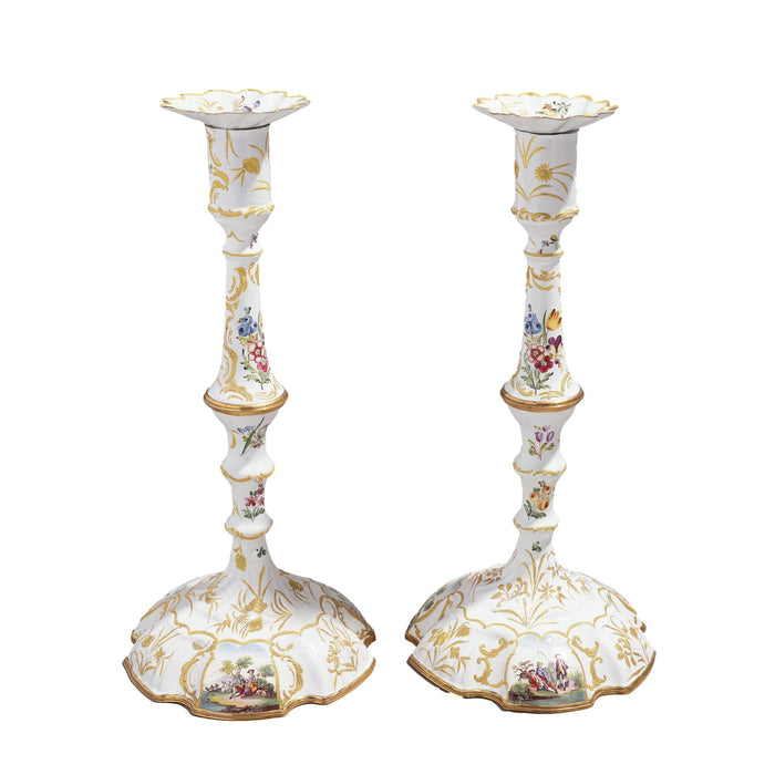 Pair of English Rococo Battersea candlesticks (1760-65)