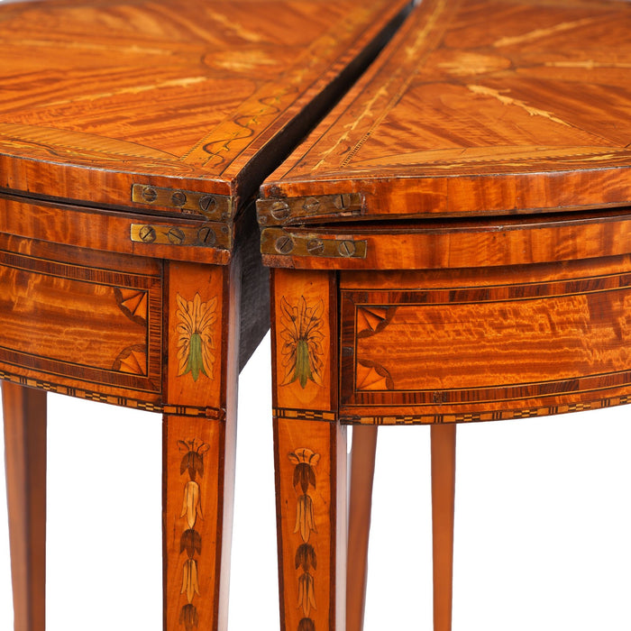 Pair of English Edwardian marquetry flip top demilune tables (c. 1890-1915)