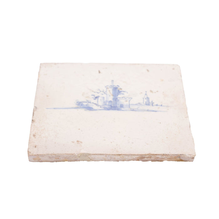 Pair of Delft tiles of fortified towers in cobalt (1600’s)