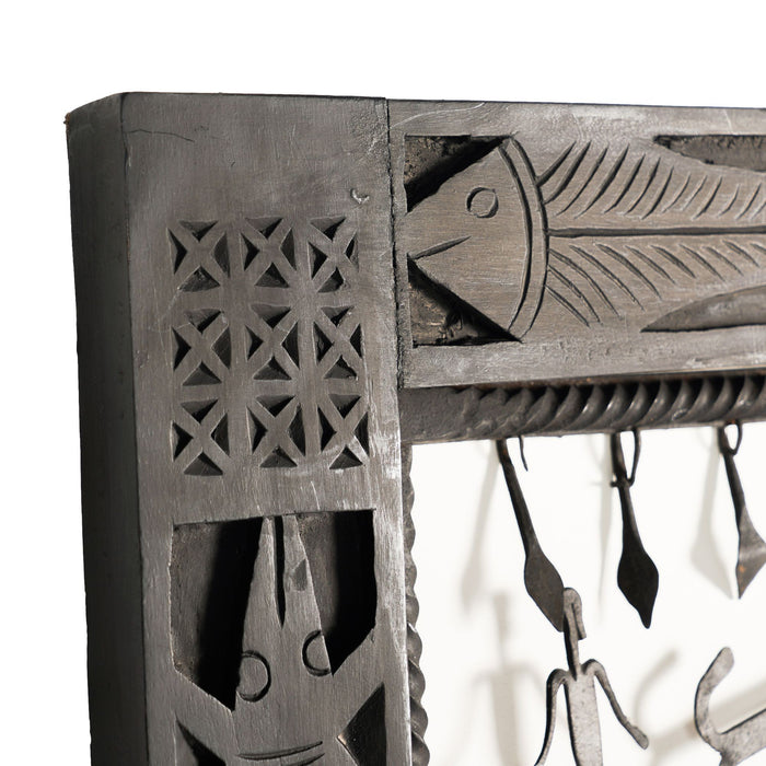 Dogon tribal hand forged rope twist iron window pane grill with figures (1900-25)
