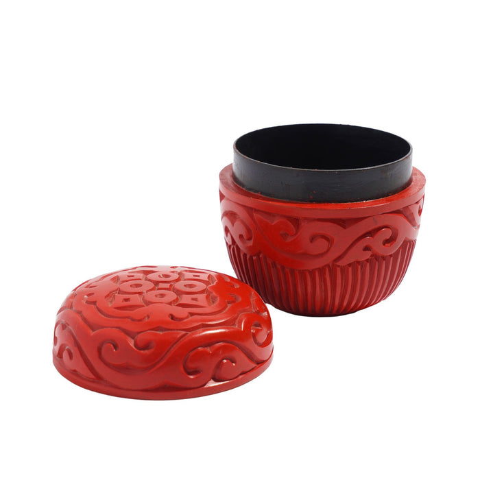 Tapered cylindrical carved cinnabar box (c. 1950)