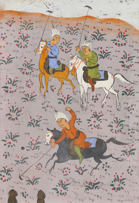 Pair of Persian gouache paintings of polo players (c. 1800's)