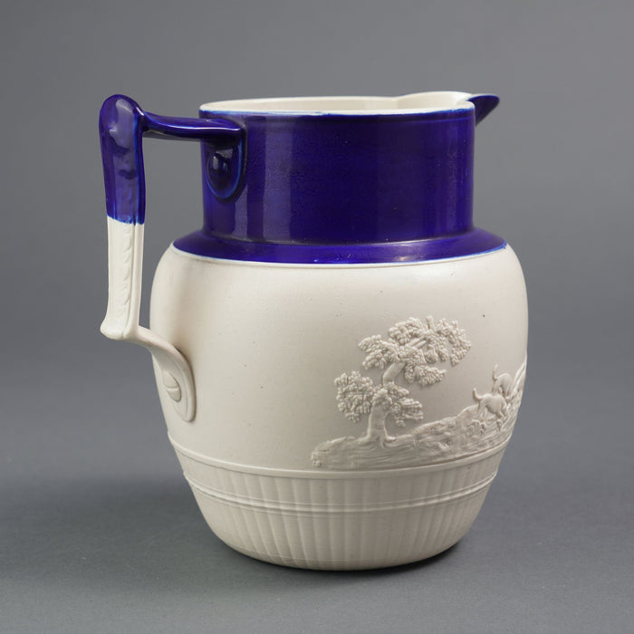 English stoneware hunt jug with cobalt detail (c. 1800)