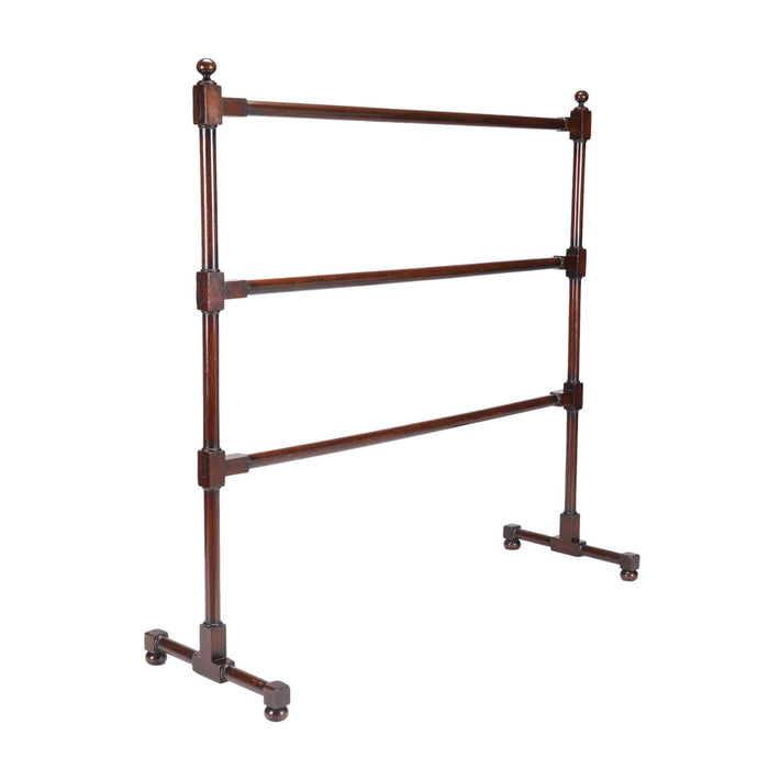 English oversized turned mahogany blanket rail with trestle base (c. 1800)