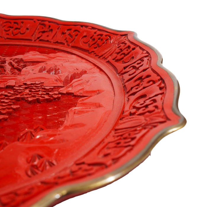 Chinese hand carved cinnabar plate on brass (c. 1850)