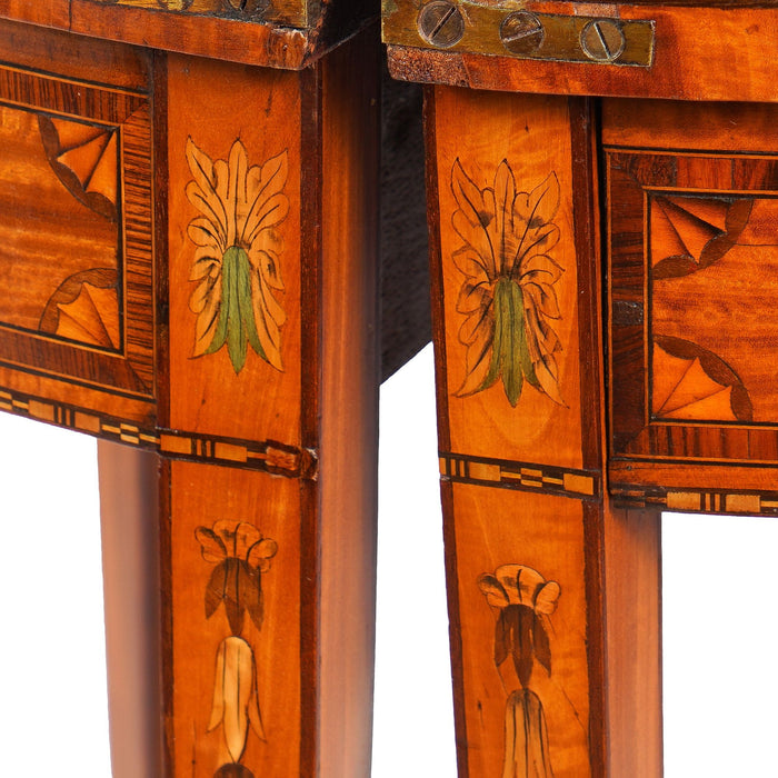 Pair of English Edwardian marquetry flip top demilune tables (c. 1890-1915)