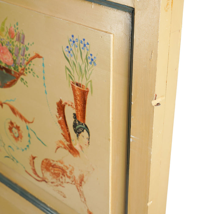King sized headboard featuring a pair of Danish painted panels in the Pompeiian taste (c. 1890)