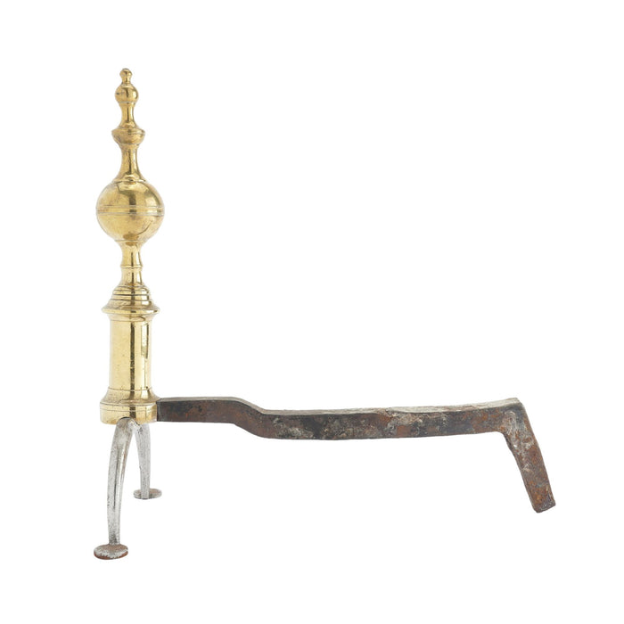 Pair of American cast brass and forged iron steeple top andirons (c. 1812-15)