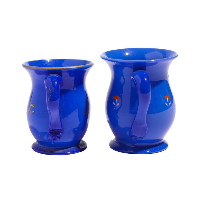 Pair of English miniature blue opaline blown glass mugs (c. 1830)