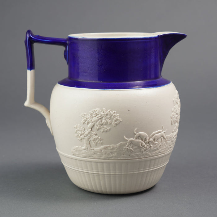 English stoneware hunt jug with cobalt detail (c. 1800)