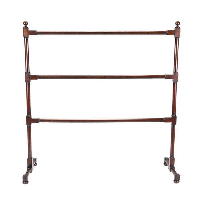 English oversized turned mahogany blanket rail with trestle base (c. 1800)