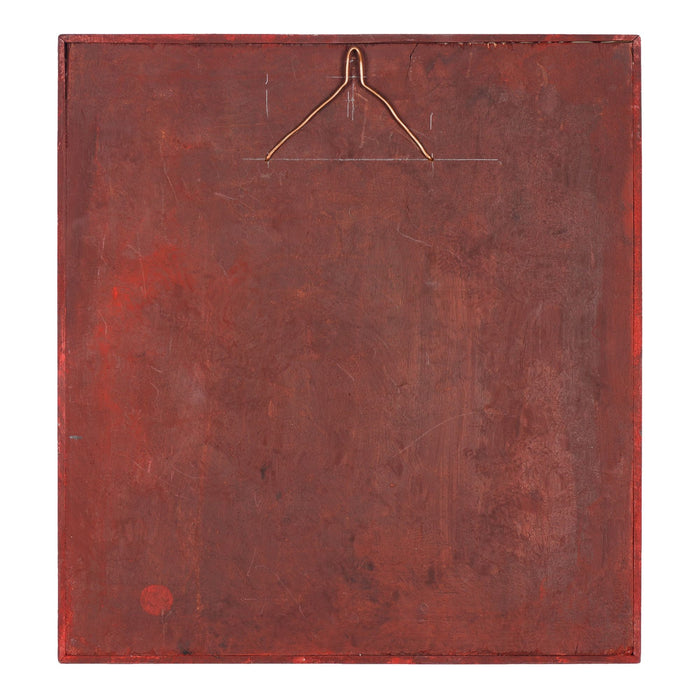 Chinese wood panel with a shallow carved and gilt cartouche on a red lacquer ground (1800's)