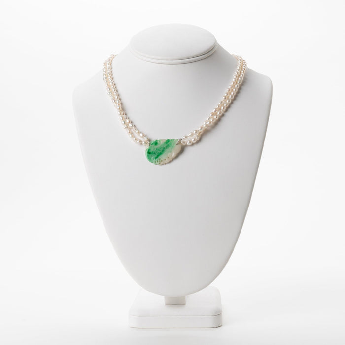 Moss In Snow Jade Leaf on a Baroque Freshwater Pearl Necklace (1800's)