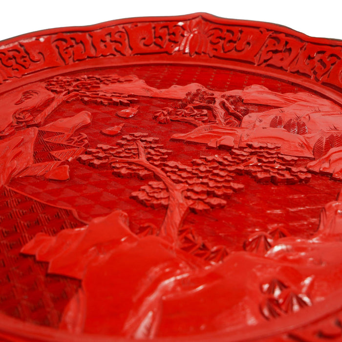 Chinese hand carved cinnabar plate on brass (c. 1850)