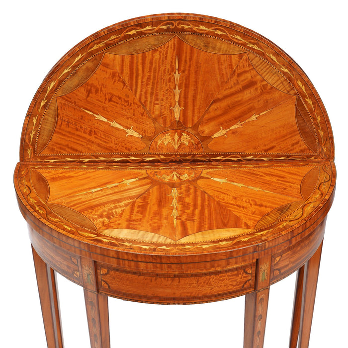 Pair of English Edwardian marquetry flip top demilune tables (c. 1890-1915)
