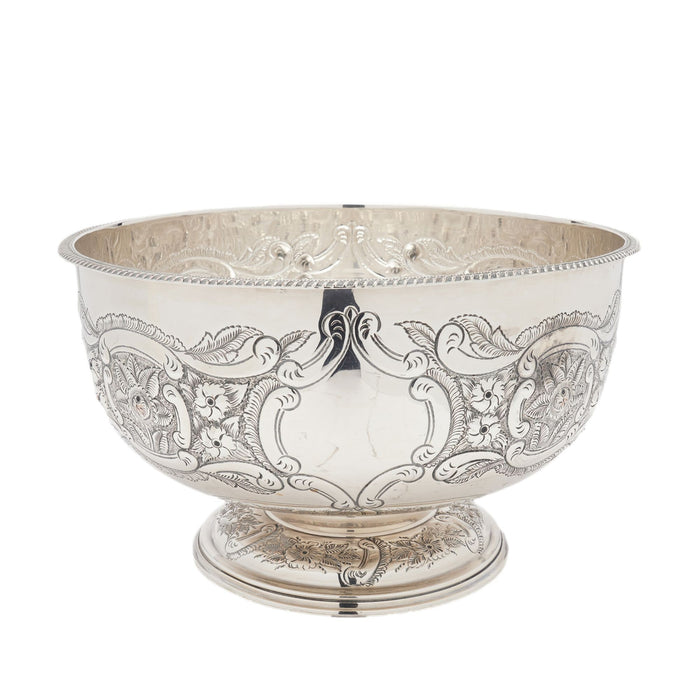 Vintage hand chased English Sheffield punch bowl & tray (c. 1900-50)
