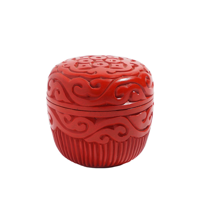 Tapered cylindrical carved cinnabar box (c. 1950)