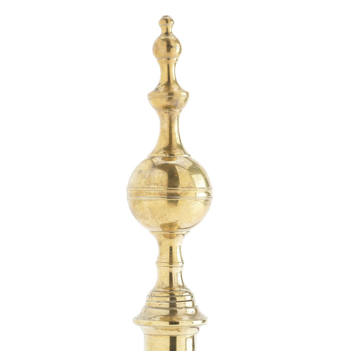 Pair of American cast brass and forged iron steeple top andirons (c. 1812-15)