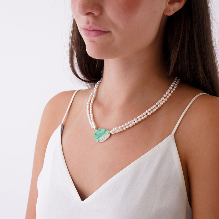 Moss In Snow Jade Leaf on a Baroque Freshwater Pearl Necklace (1800's)