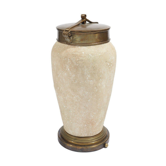 Tall ceramic jar with oxidized brass lid and base (c. 1900's)