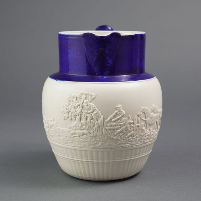 English stoneware hunt jug with cobalt detail (c. 1800)