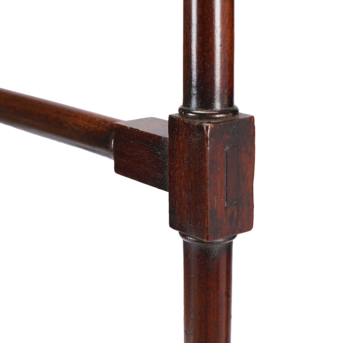 English oversized turned mahogany blanket rail with trestle base (c. 1800)