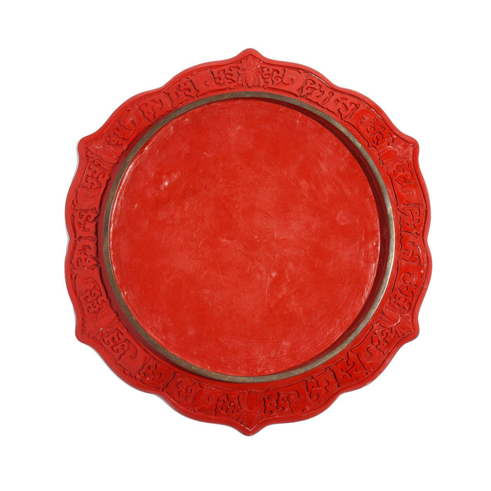 Chinese hand carved cinnabar plate on brass (c. 1850)