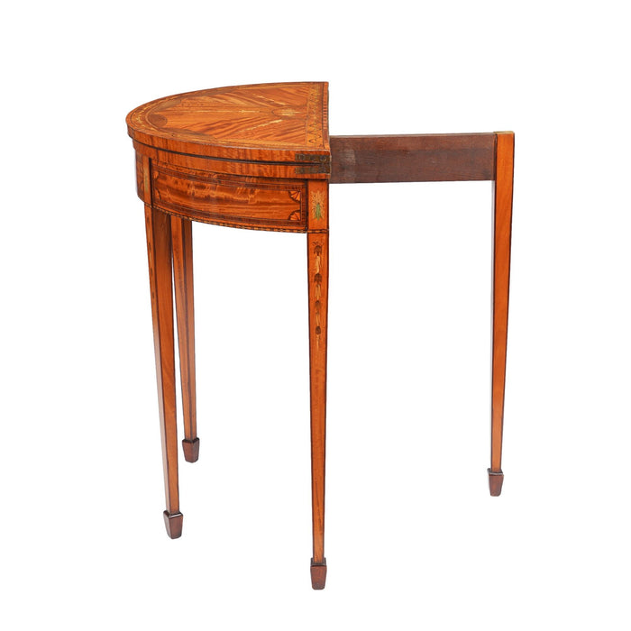 Pair of English Edwardian marquetry flip top demilune tables (c. 1890-1915)