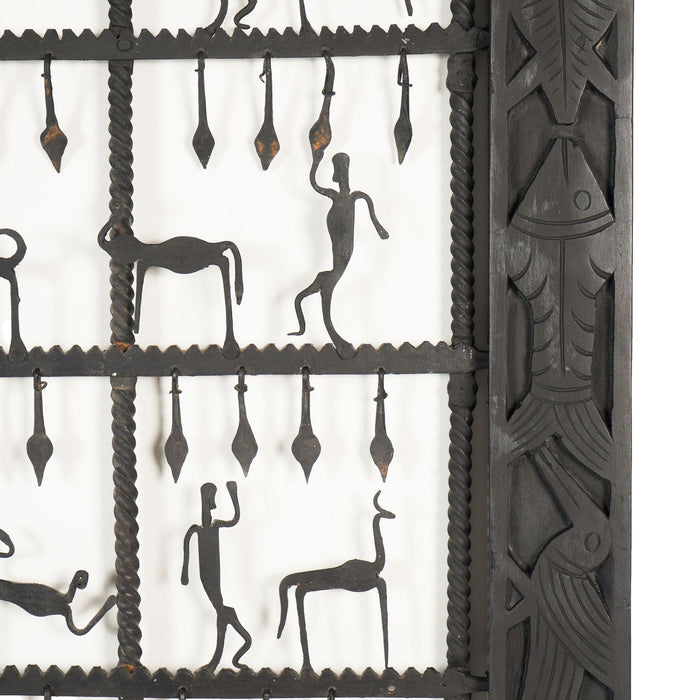 Dogon tribal hand forged rope twist iron window pane grill with figures (1900-25)