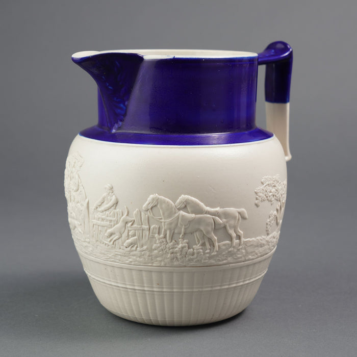 English stoneware hunt jug with cobalt detail (c. 1800)