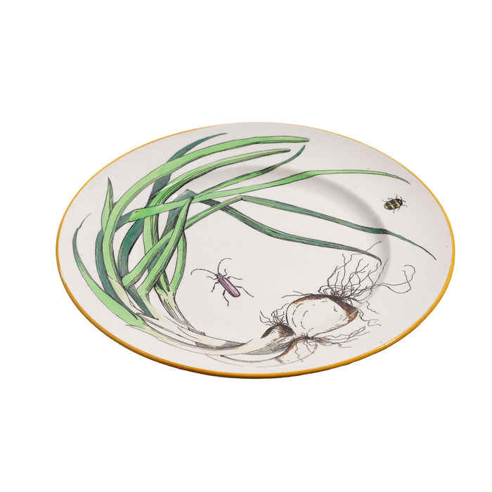 Pair of French glazed faience plates with scallions and artichokes (c. 1850's)