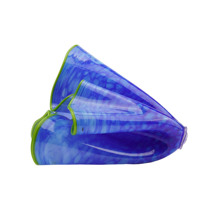 Blown art glass sculpture in blue with lime green beaded rim
