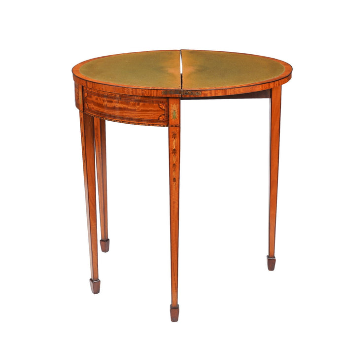 Pair of English Edwardian marquetry flip top demilune tables (c. 1890-1915)