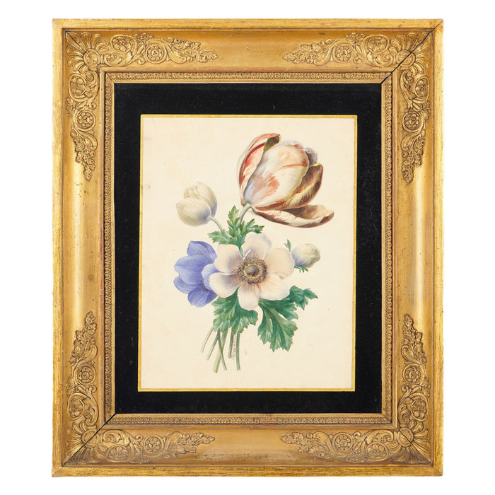 Pair of French botanical watercolors in period frames by Clotilde de Bost (c. 1815)