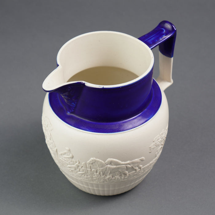 English stoneware hunt jug with cobalt detail (c. 1800)