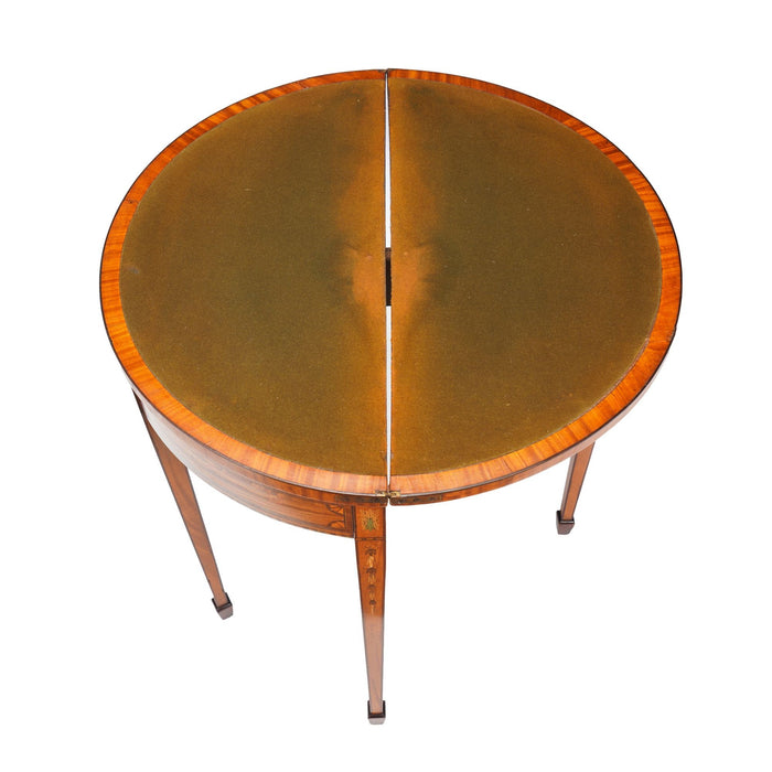 Pair of English Edwardian marquetry flip top demilune tables (c. 1890-1915)