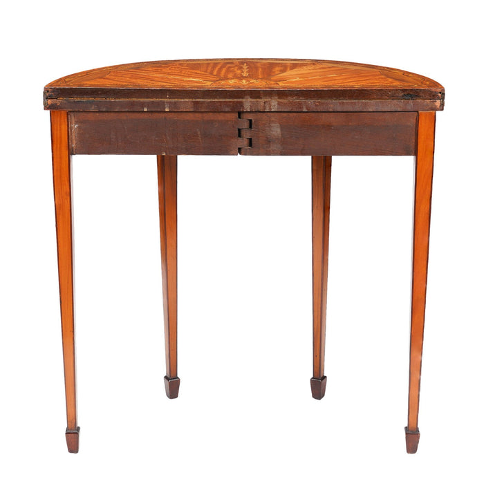 Pair of English Edwardian marquetry flip top demilune tables (c. 1890-1915)