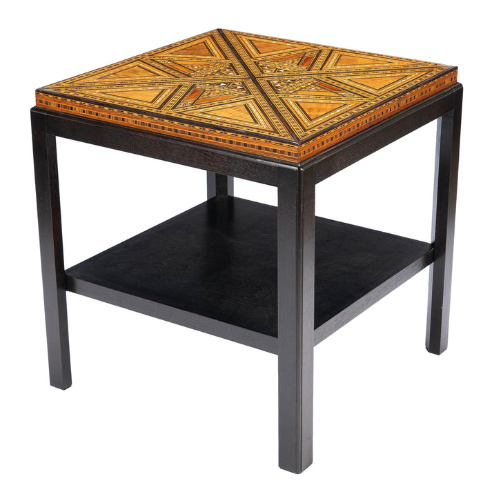 Damascus inlaid table top on custom stand (c. 1900)