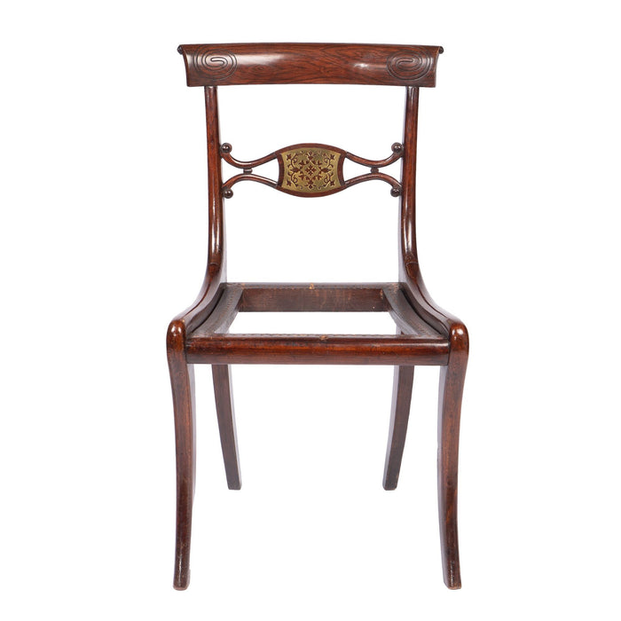 Pair of English Regency upholstered slip seat side chairs (c. 1815)