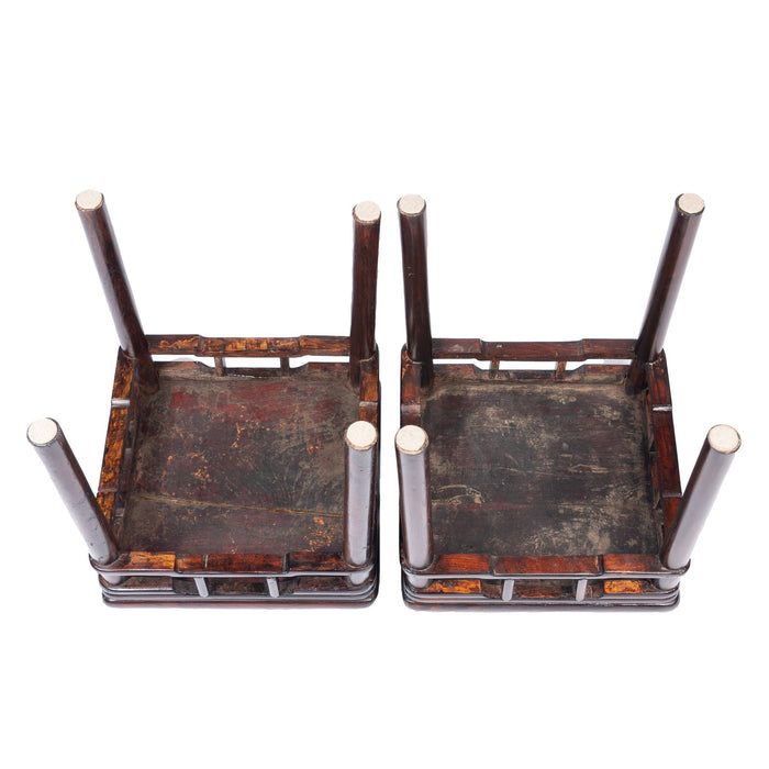 Pair of Chinese Elm stools with hump back rail (c. 1780-1820)