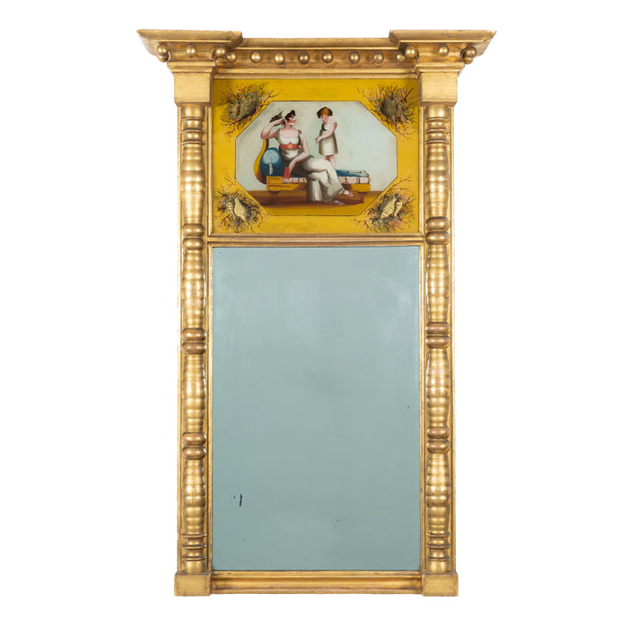 American Sheraton gilt tabernacle pier mirror with eglomise panel