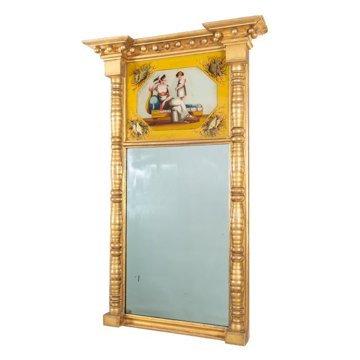 American Sheraton gilt tabernacle pier mirror with eglomise panel