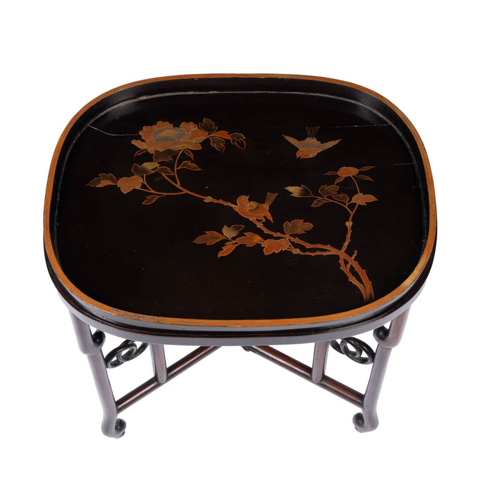 Japanese Maki-e lacquered oval wood tray on stand (1850-1900)