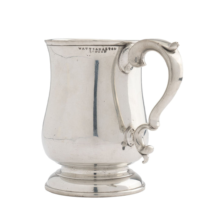 Watts & Harton tulip shaped polished pewter mug with applied scroll handle (c. 1830)
