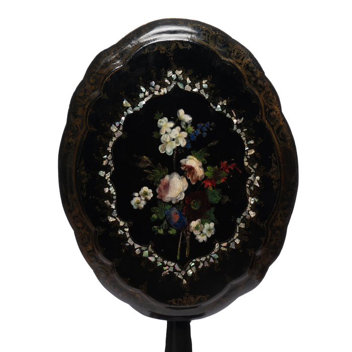 English Victorian Mother of Pearl inlaid and painted paper mache tilt top table (1860)
